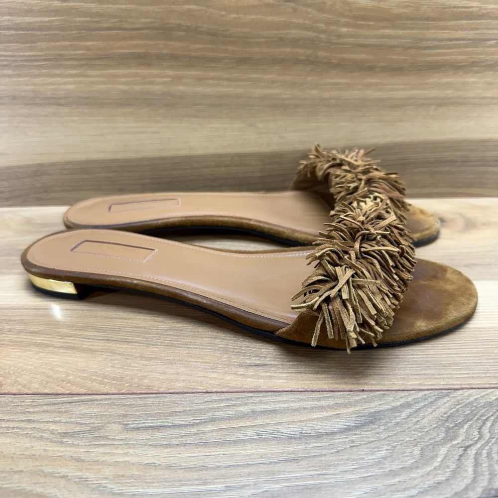 Aquazzura Fringe Sandals Womens 38.5 US 8.5 Suede Slides Flats